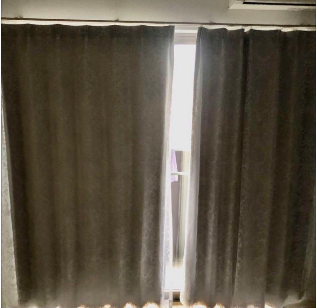 ホワイト・ダークグレー レース付きカーテン