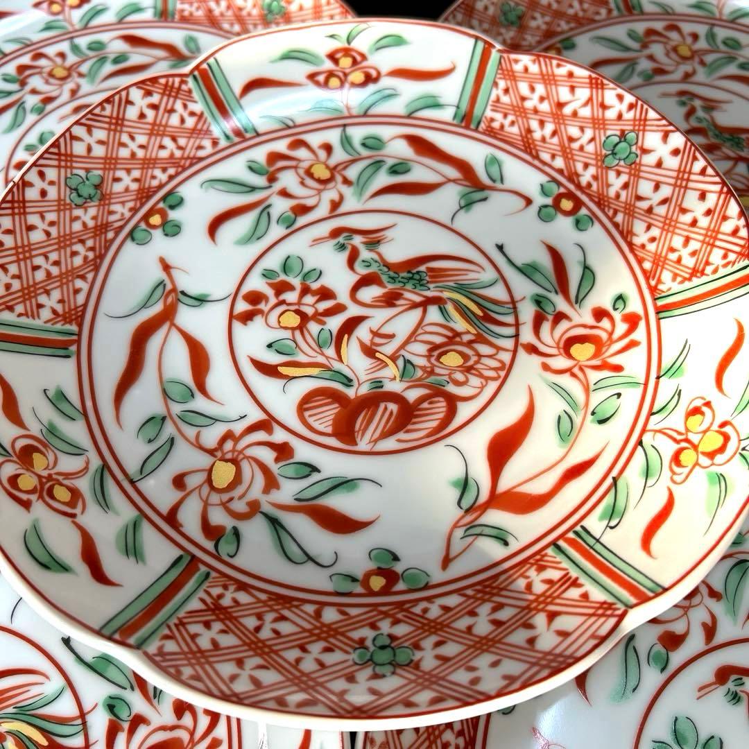 橘吉 赤絵 花鳥 金彩 中皿 5枚 五客セット 廃盤品、希少品たち吉 赤絵