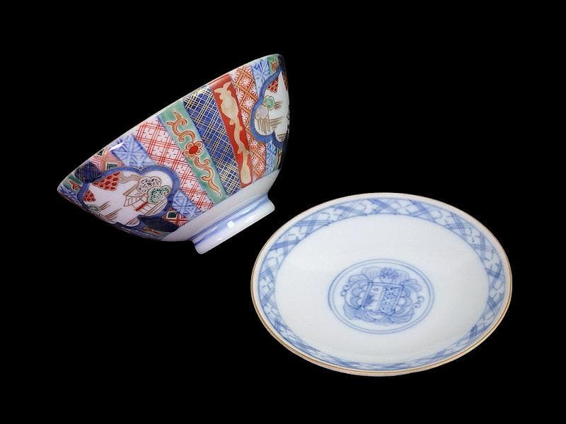 九谷 大聖寺伊万里 金襴手 山水 紋章の図 蓋茶碗 2客 361AS-DAl