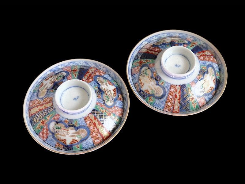 九谷 大聖寺伊万里 金襴手 山水 紋章の図 蓋茶碗 2客 361AS-DAl