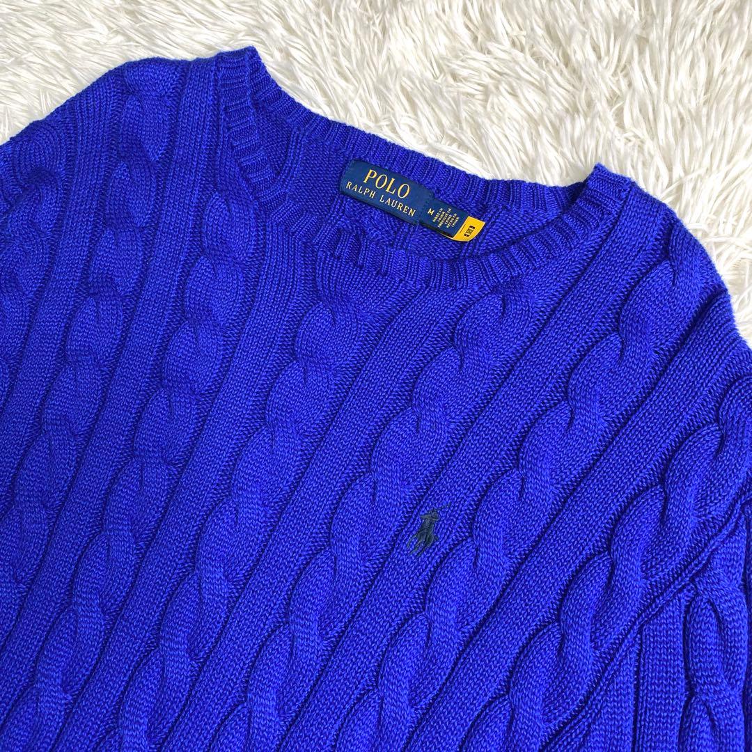 美品✨ラルフローレン 現行 QRコード ケーブル ニット 同色ポニー 青 M