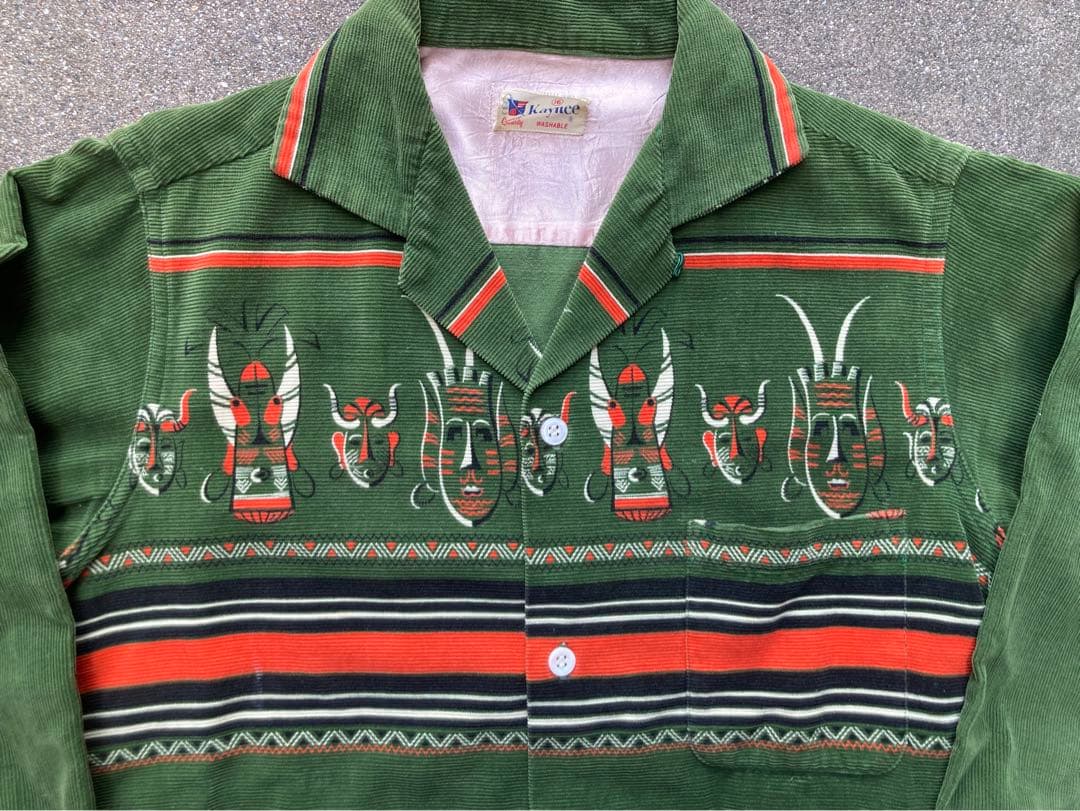 50s プリントコーデュロイ オープンカラーシャツネイティブ 仮面柄