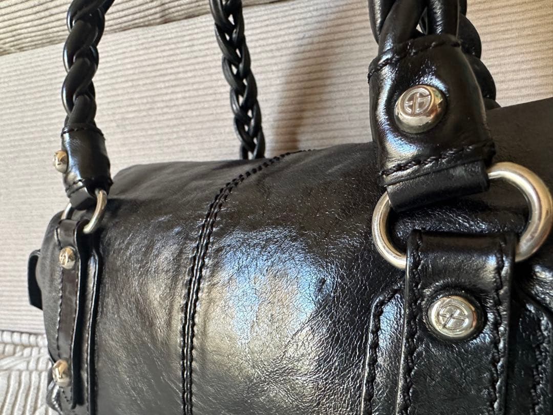 美品 フランチェスコビアジア 編み込みハンドル オールレザーバッグ 黒