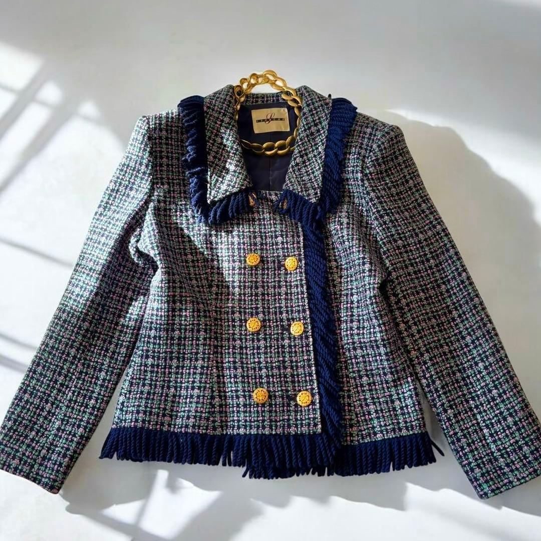 ミックスツイード バブリースーツ フリンジ 金ボタン 日本製