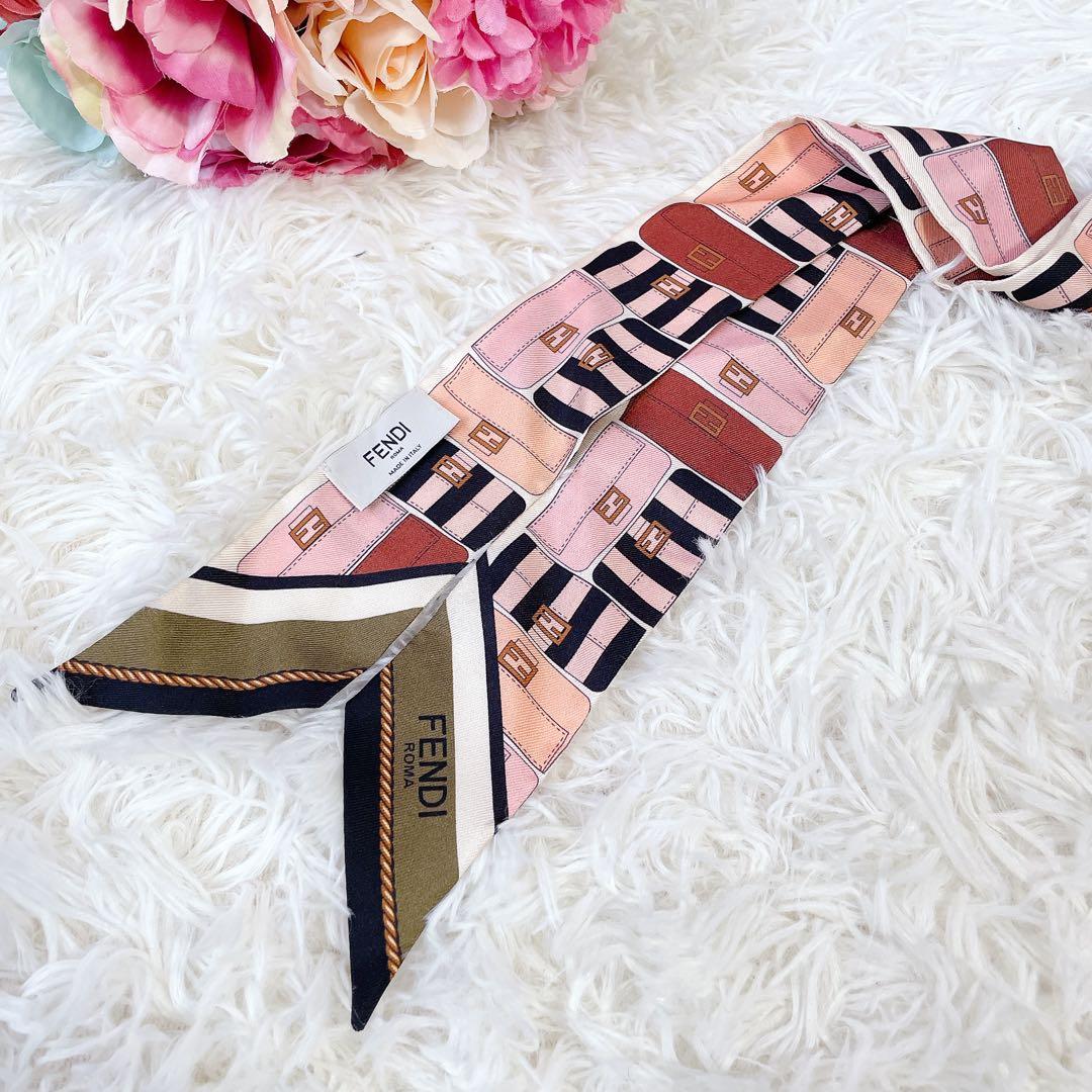 美品 フェンディ ラッピー スカーフ マンマバケット柄 FFロゴ リボン