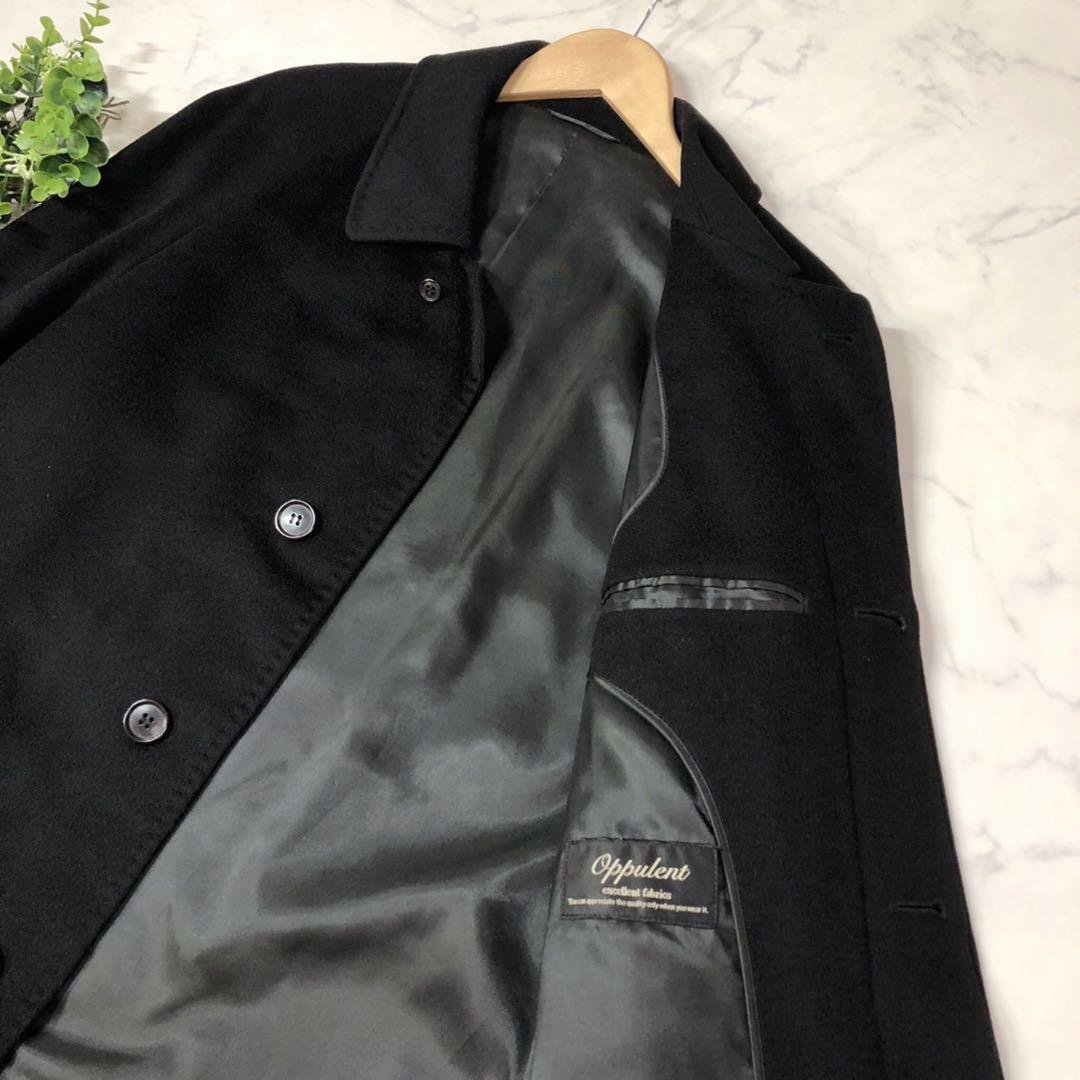 メンズのカシミヤ100%ブラック黒ロングコートLL