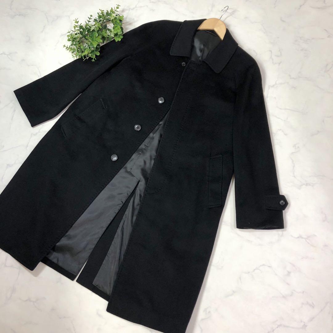 メンズのカシミヤ100%ブラック黒ロングコートLL