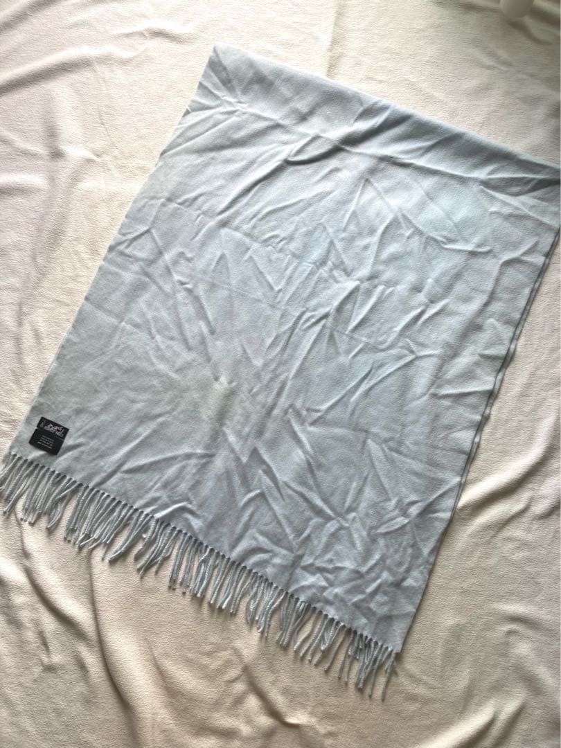 エルメス　カシミヤ100 大判ストール　水色　スコットランド製