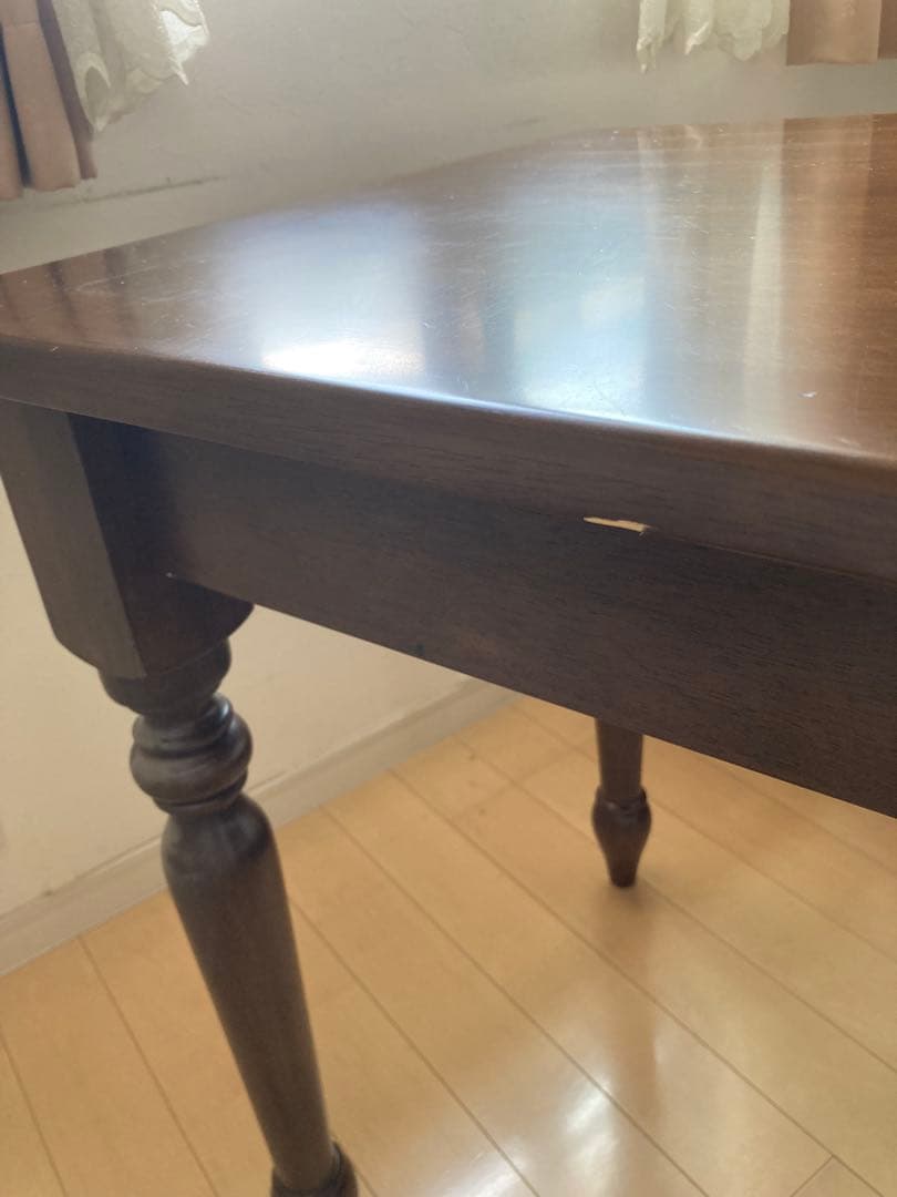 引き出し付きテーブル　デスク　天然木　ダークブラウン