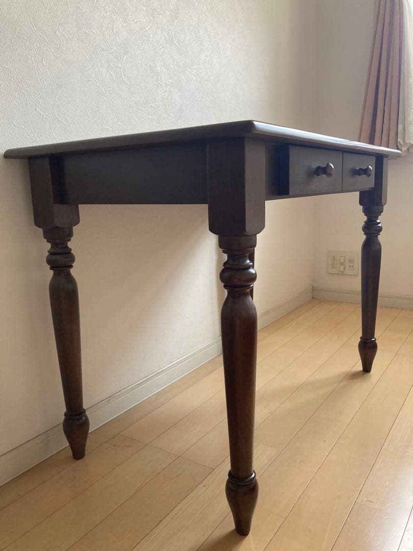 引き出し付きテーブル　デスク　天然木　ダークブラウン