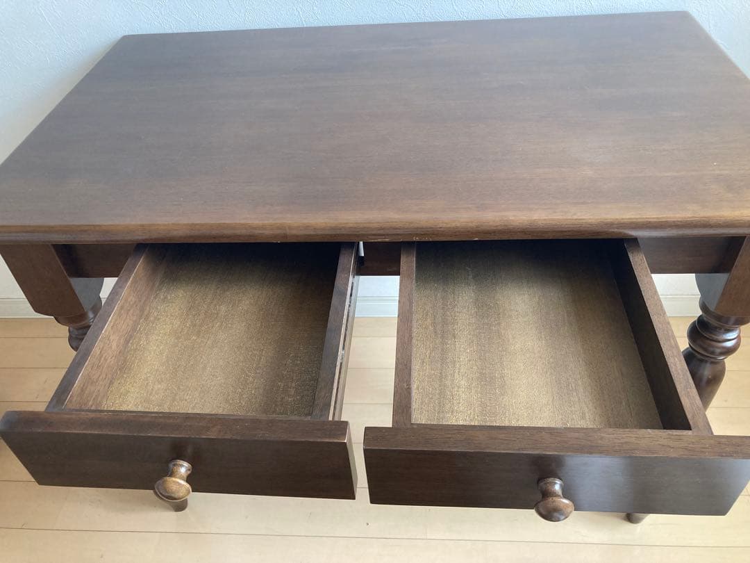 引き出し付きテーブル　デスク　天然木　ダークブラウン