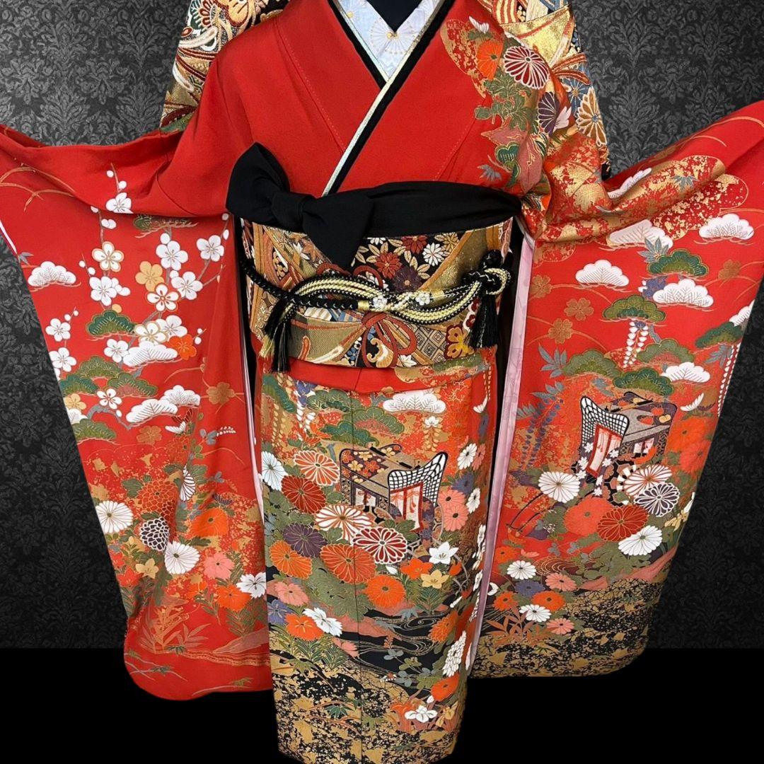 振袖フルセット(7点)・成人式・古典柄・金彩加工・胴裏正絹・高級手縫い・逸品