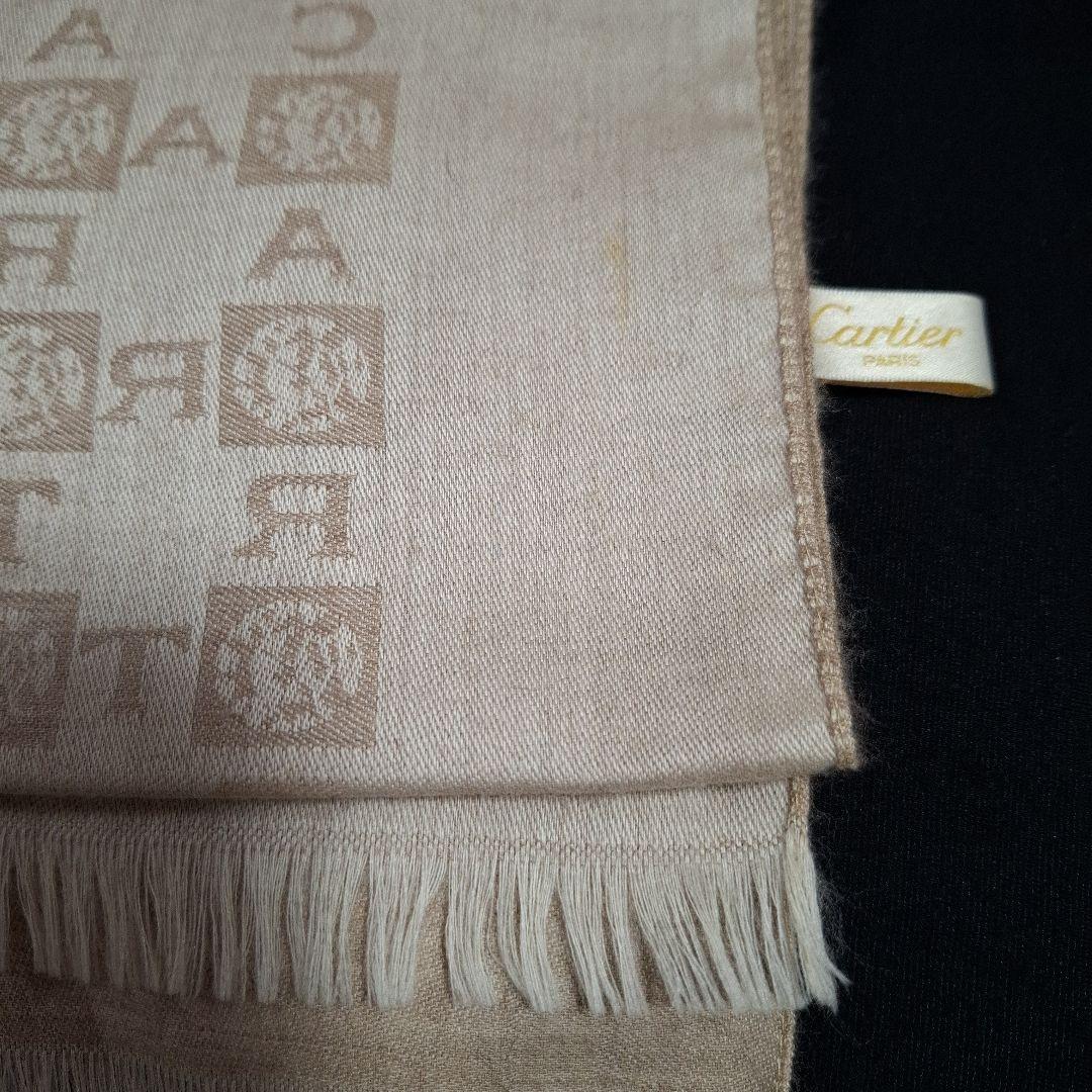 カルティエ カシミアストール ロゴプリント ベージュ フリンジ付きマフラー