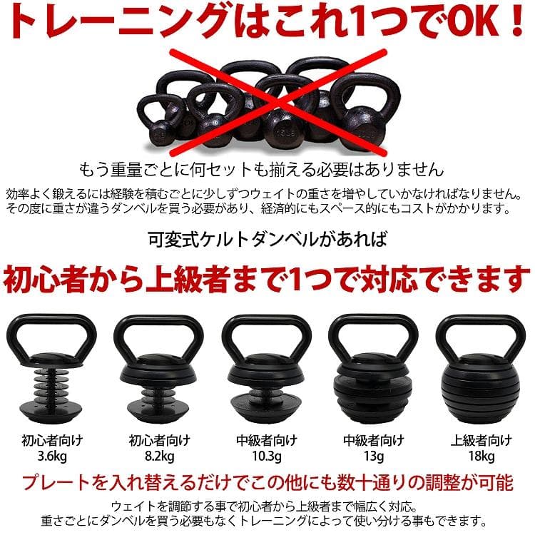 可変重量式 ケトルベルダンベル 3.6～18kg アジャスタブル