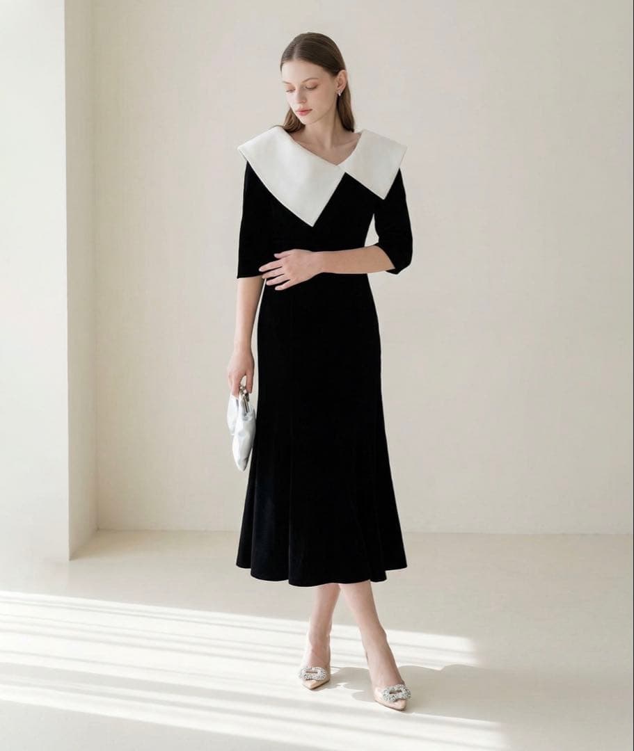 Leja アシンメトリービッグカラーベロアマーメイドシルエットドレス