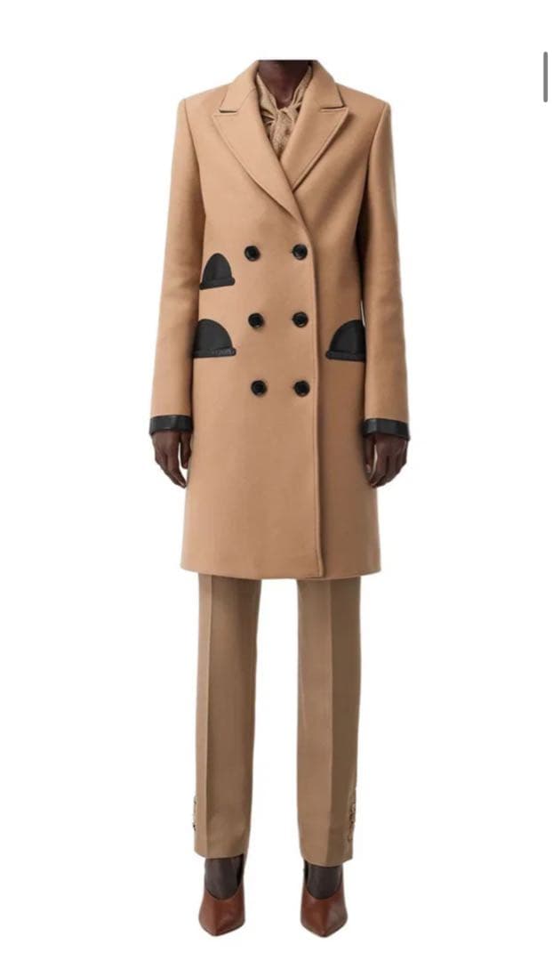 美品 BURBERRY ウールコート レザートリム キャメル UK4 カシミヤ混