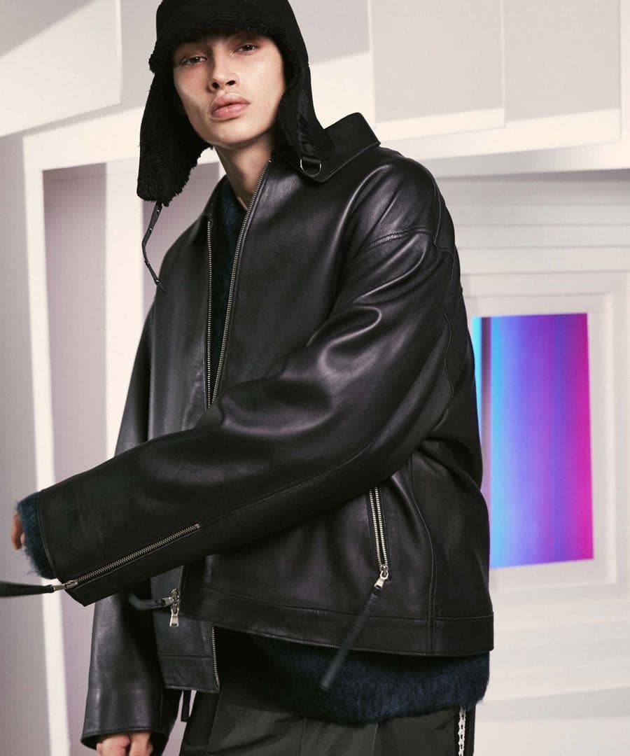 メゾンスペシャル ラムレザープライムオーバー襟付きシングルライダースジャケット