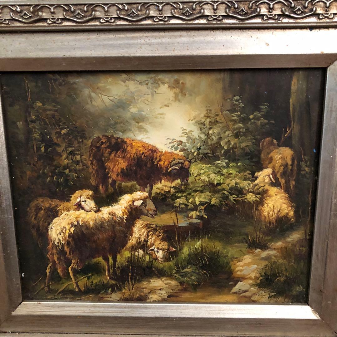 アンティーク　ヨーロッパ絵画　森の中の羊達　　油彩画肉筆　作者不明