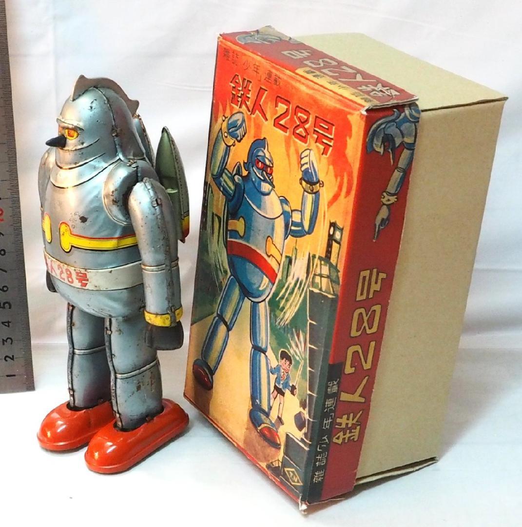 野村【鉄人28号 水色 サビ有 金具欠】当時物ブリキ ロボットTIN 箱は