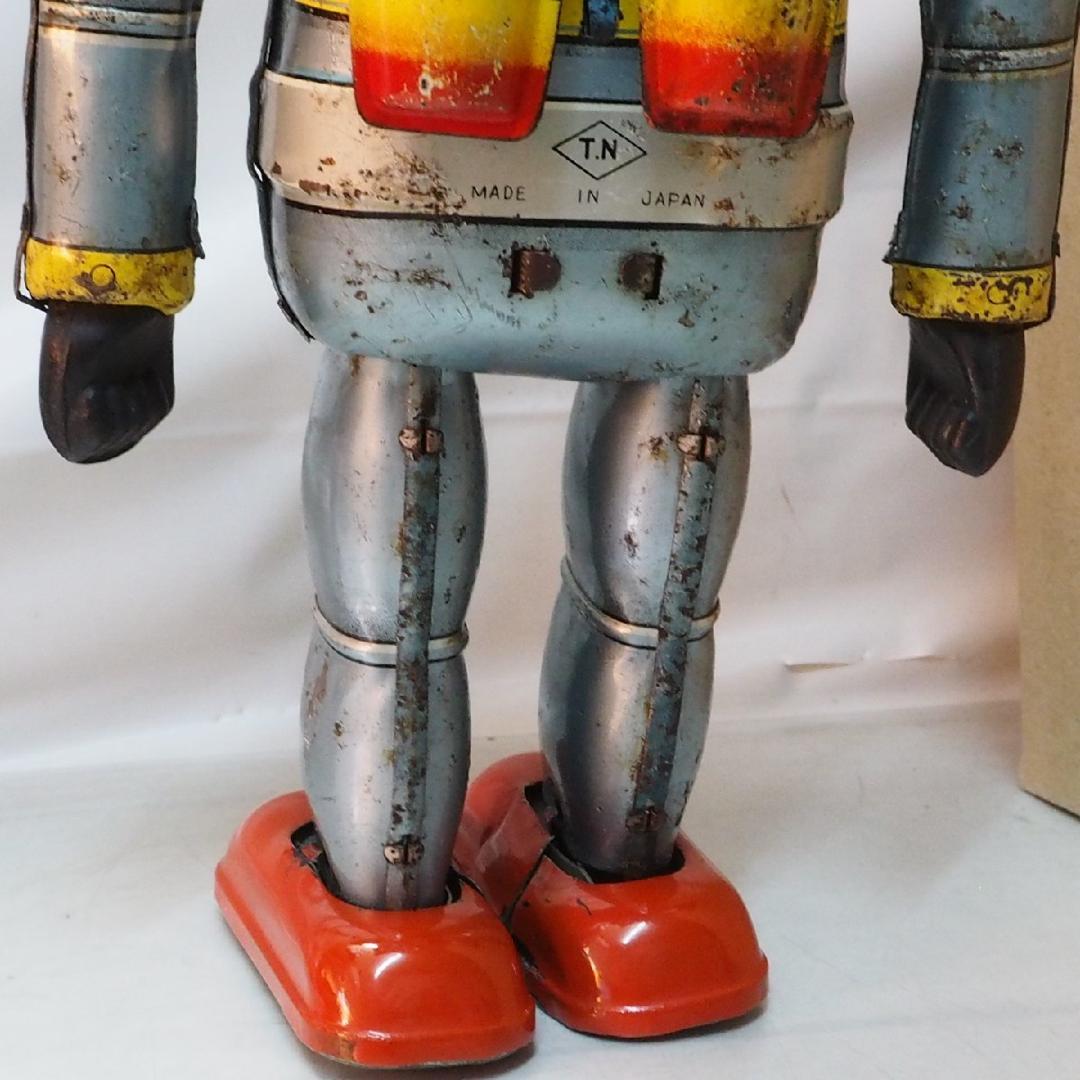 野村【鉄人28号 水色 サビ有 金具欠】当時物ブリキ ロボットTIN 箱は
