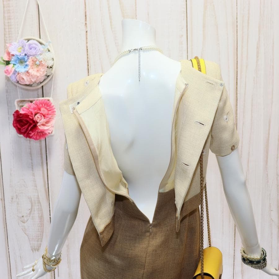 エムズグレイシー 花柄刺繍ワンピース M バイカラー ブラウン くるみボタン