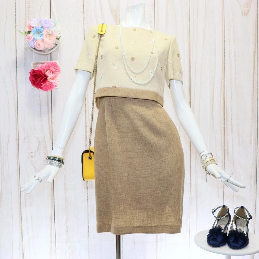 エムズグレイシー 花柄刺繍ワンピース M バイカラー ブラウン くるみボタン