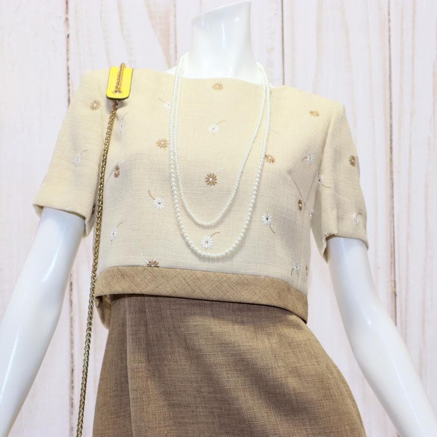 エムズグレイシー 花柄刺繍ワンピース M バイカラー ブラウン くるみボタン