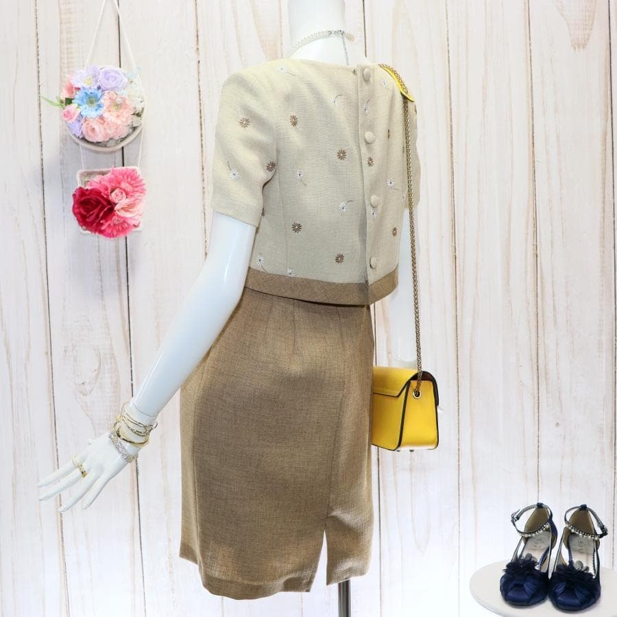 エムズグレイシー 花柄刺繍ワンピース M バイカラー ブラウン くるみボタン