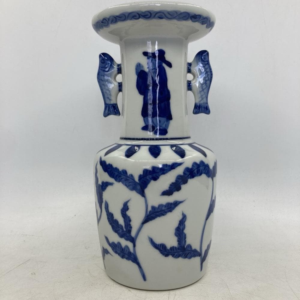 染付 高砂花生 花入 花瓶 大明天啓年製 双魚耳付 箱付き☆K2085Z