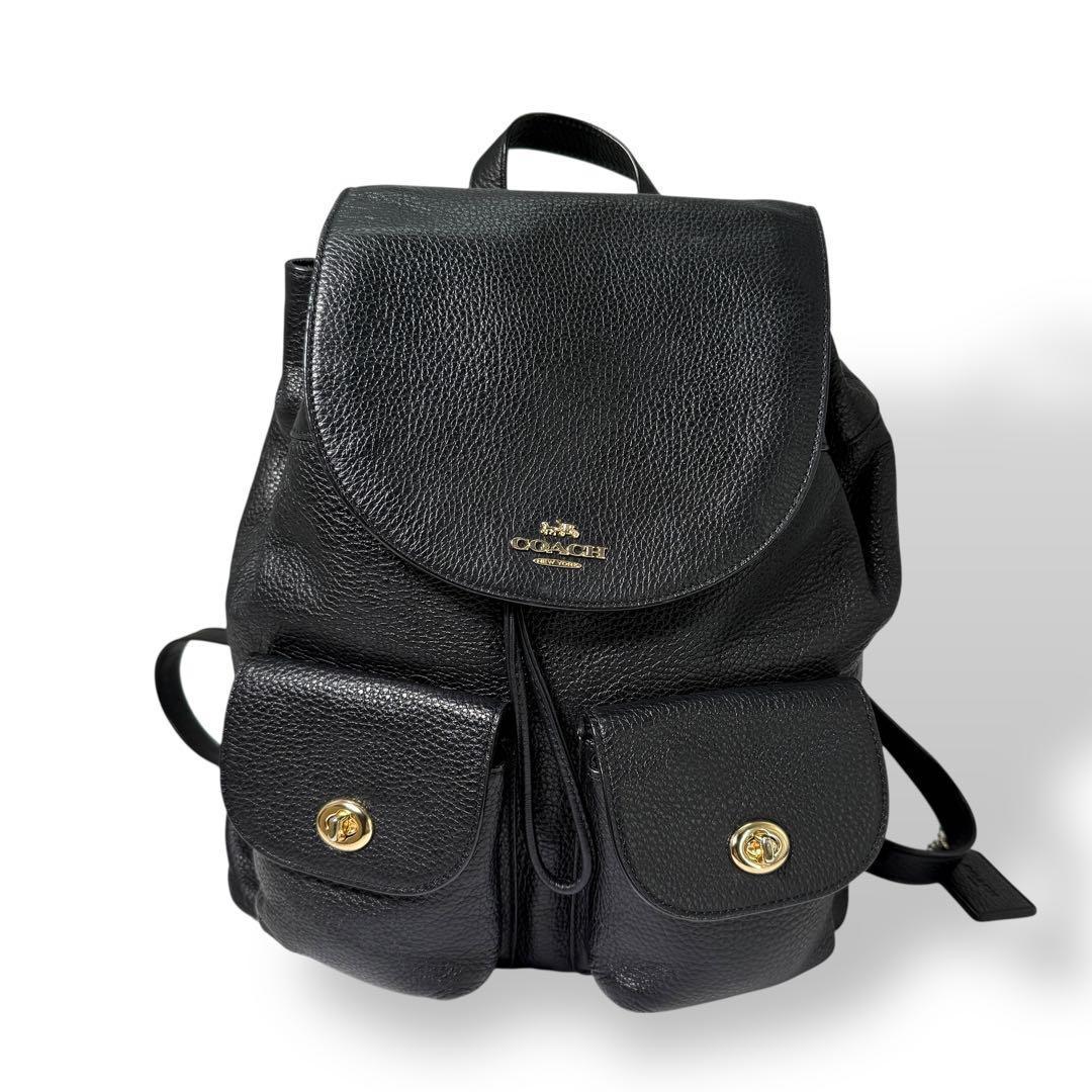 極美品 コーチ リュック バックパック レザー ブラック フラップ
