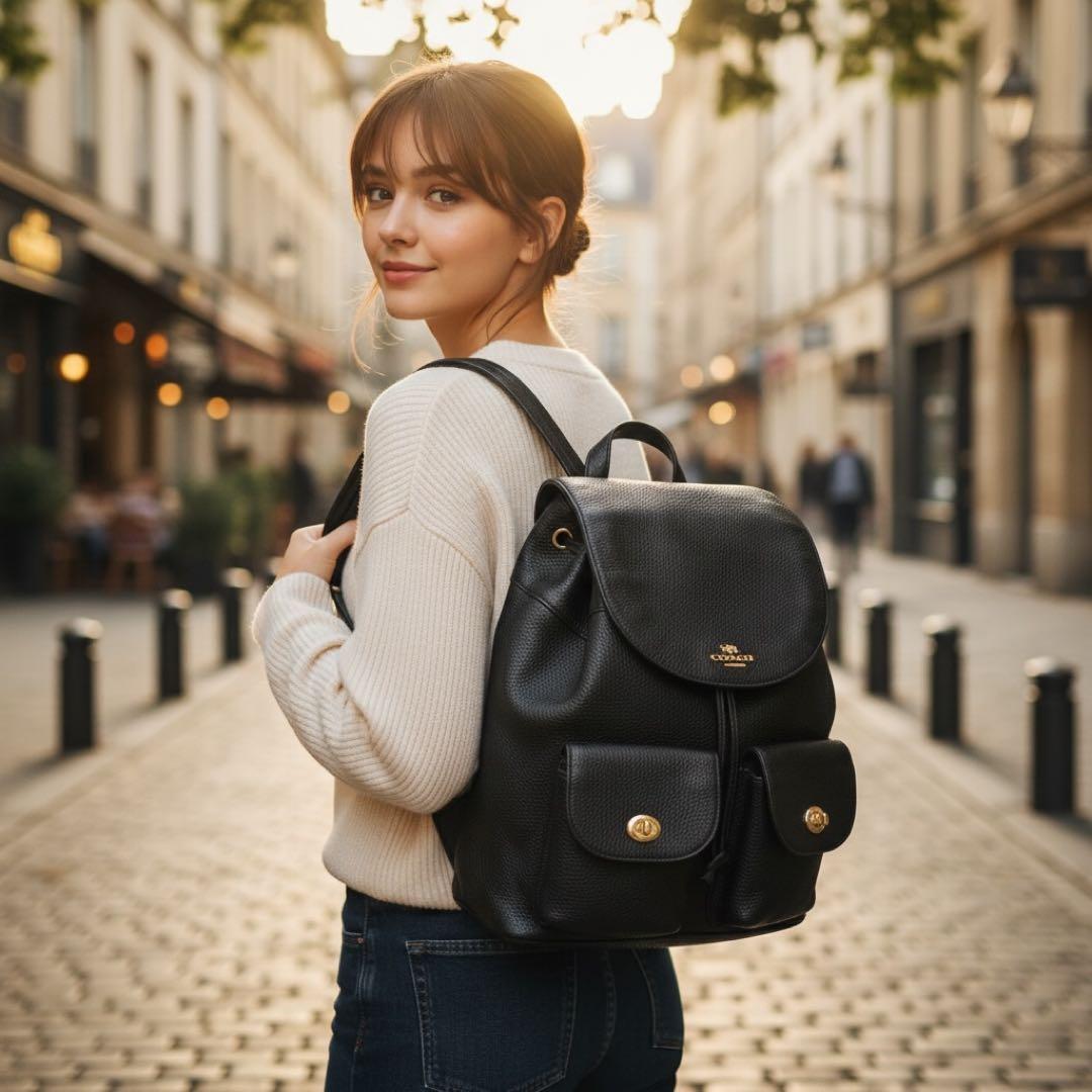 極美品 コーチ リュック バックパック レザー ブラック フラップ