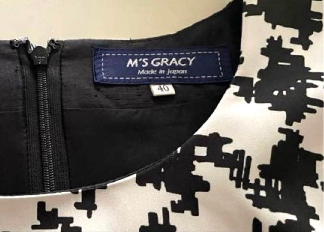 エムズグレイシー☆カメリアリボン付き千鳥格子柄モノトーンワンピース☆サイズ４０