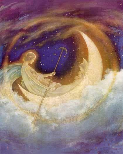 夢の国へ向かう月のボート ヴィンテージ ステンドグラス ヒュー