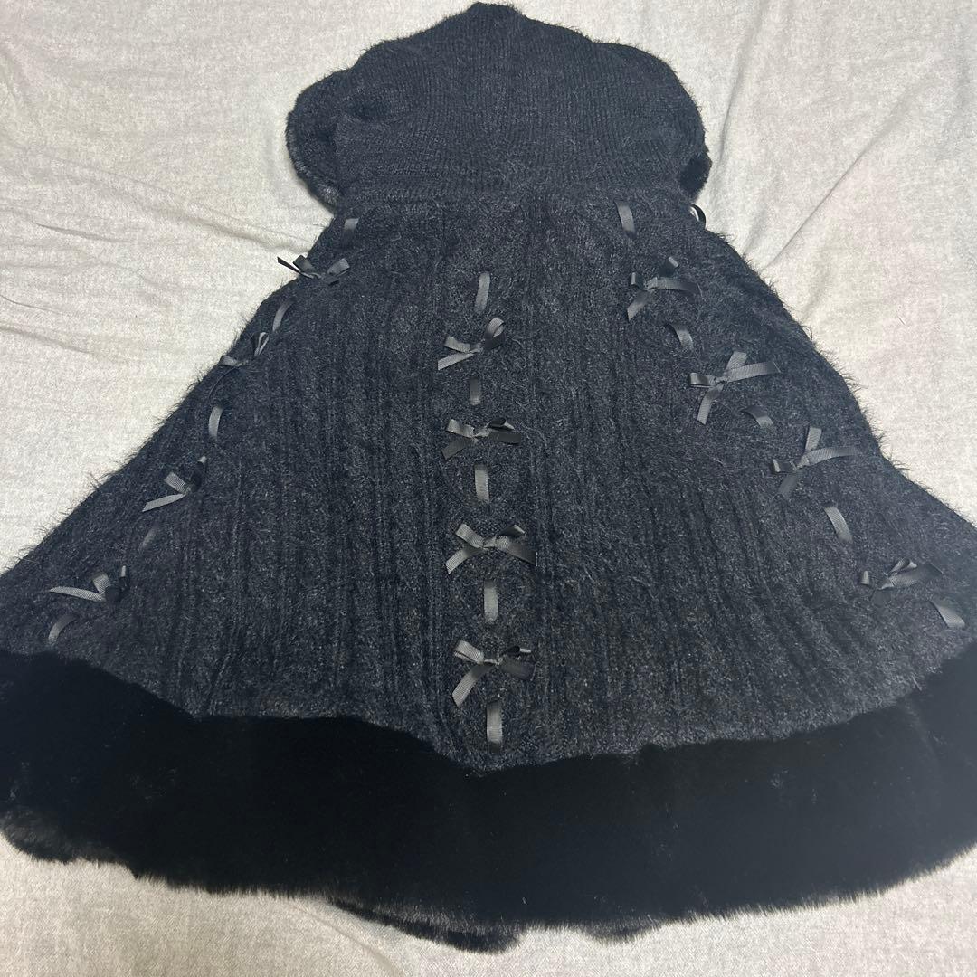 LIZLISA リズリサ ポンポンリボンニットファーポンチョ ブラック