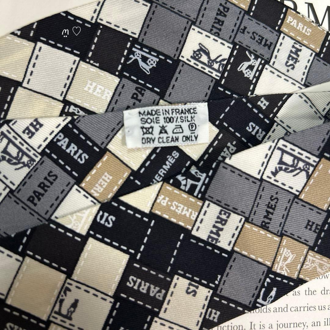 HERMES エルメス ボルデュックリボンチェック シルクスカーフ モノトーン