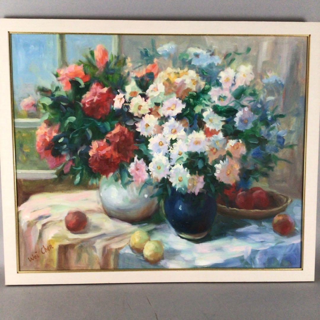 絵画油絵花瓶花額入華やかゴージャスインテリアアートc-92