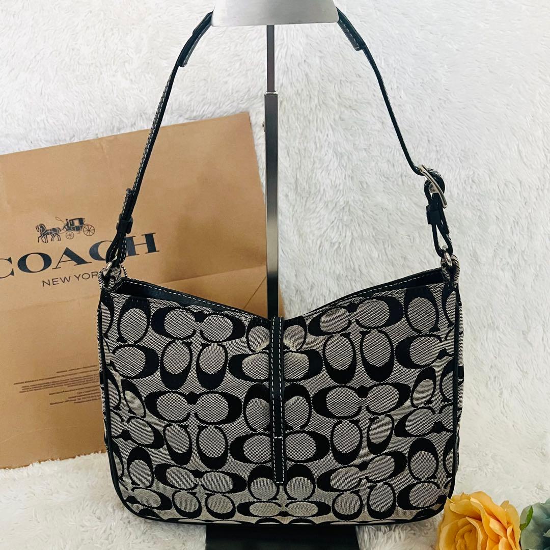 COACH シグネチャー ワンショルダー ブラック×グレー キャンバス レザー