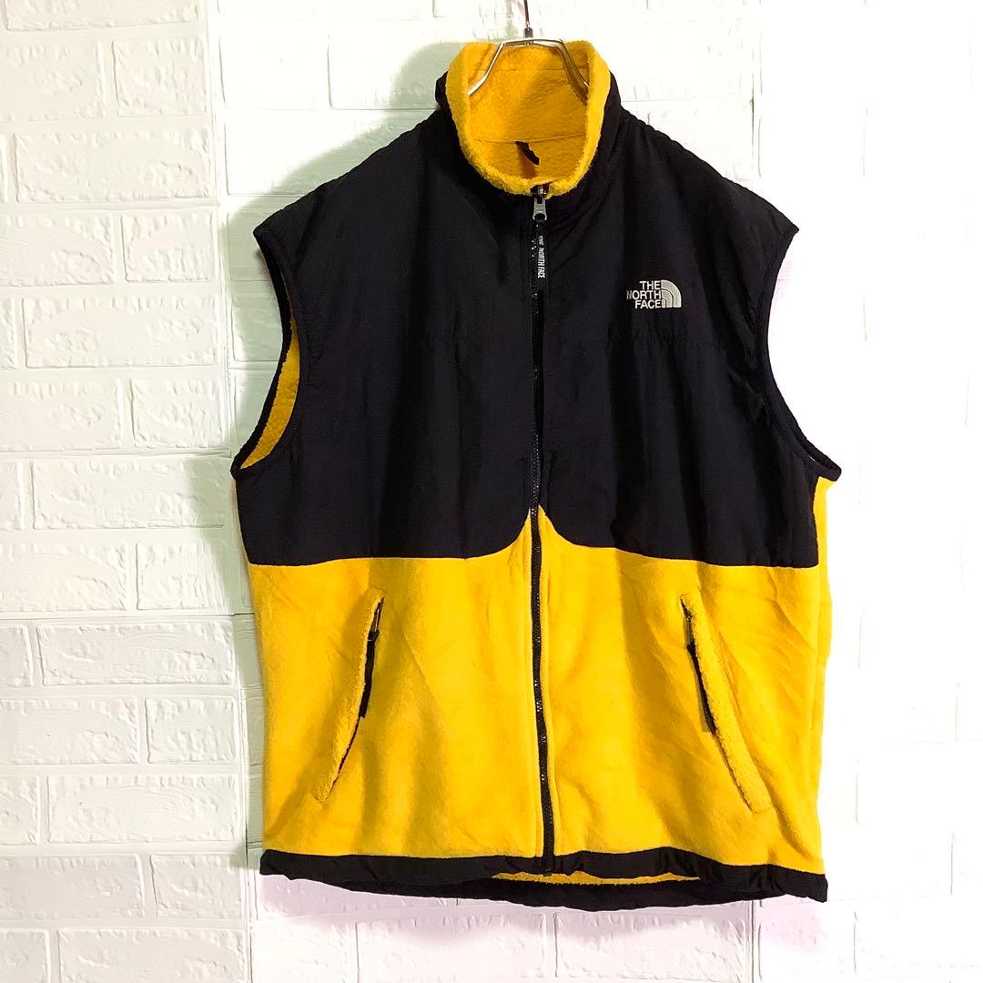 ○ノースフェイス デナリベスト フリース 刺繍ロゴ ブラック 黒 イエロー黄XL