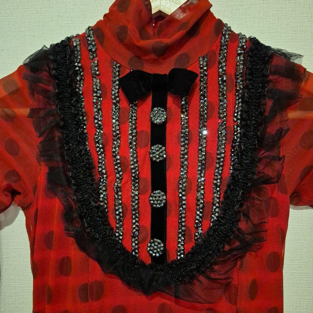 社交ダンス　スタンダードドレス　赤色水玉模様フレアスカートドレス　S～M