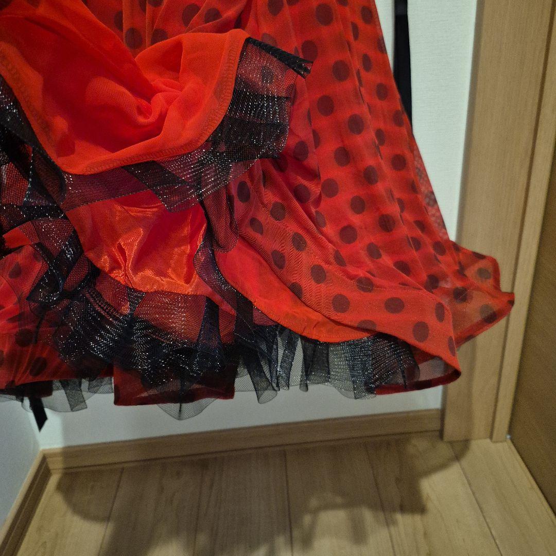 社交ダンス　スタンダードドレス　赤色水玉模様フレアスカートドレス　S～M