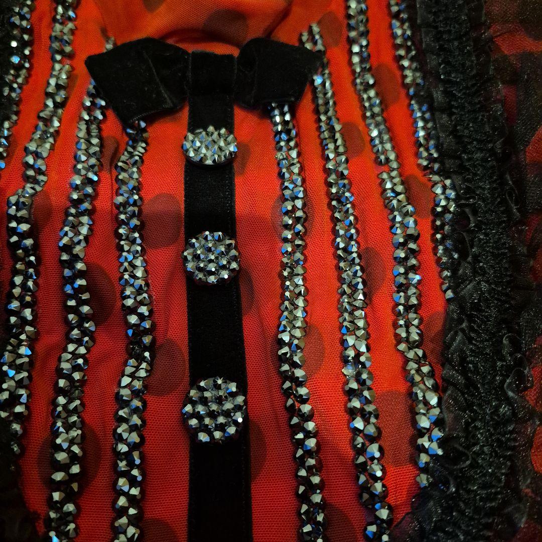 社交ダンス　スタンダードドレス　赤色水玉模様フレアスカートドレス　S～M