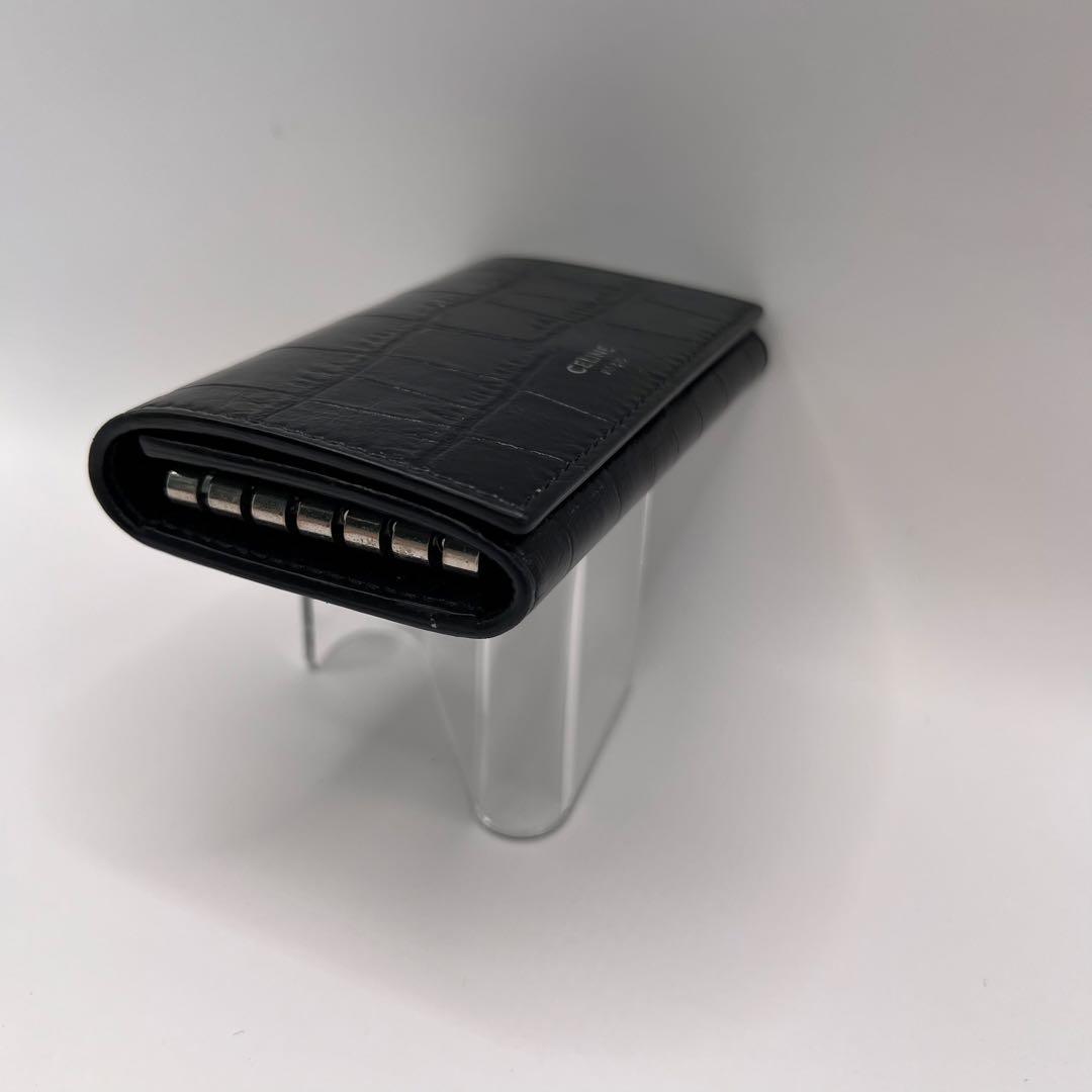 CELINE キーケース　クロコ　6連　ブラック　型押し　カーフスキン　黒色