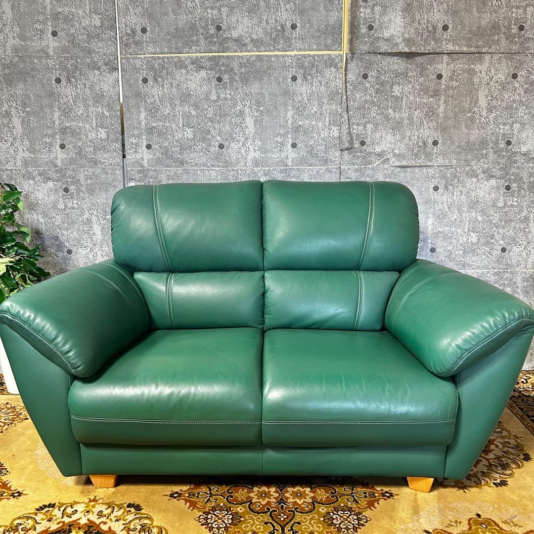 ask꧁革素材꧂2人掛けアームソファ1脚 グリーン レザー 合成皮革 応接
