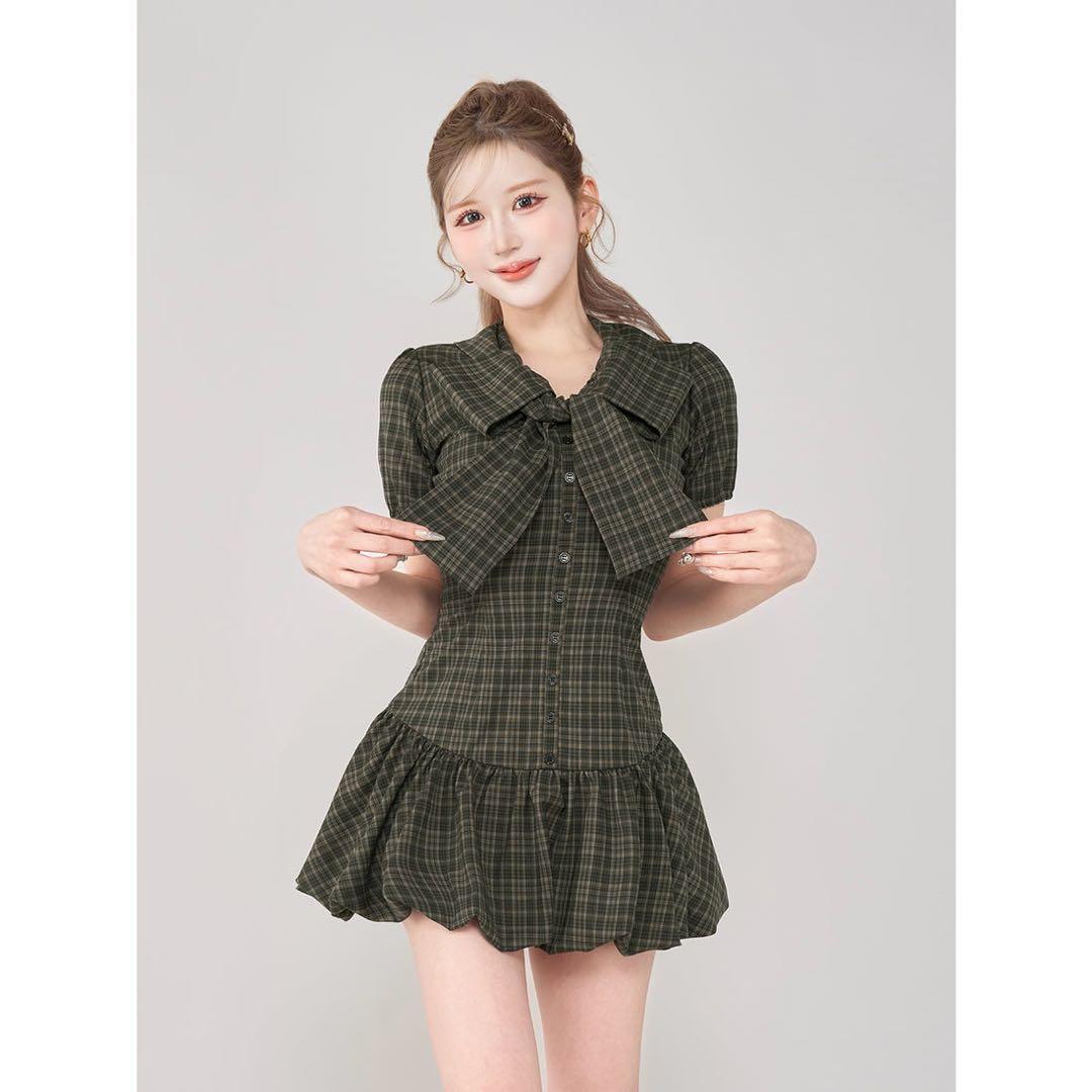 Darich ビッグリボンバルーンチェックミニワンピース （ダークグリーン）