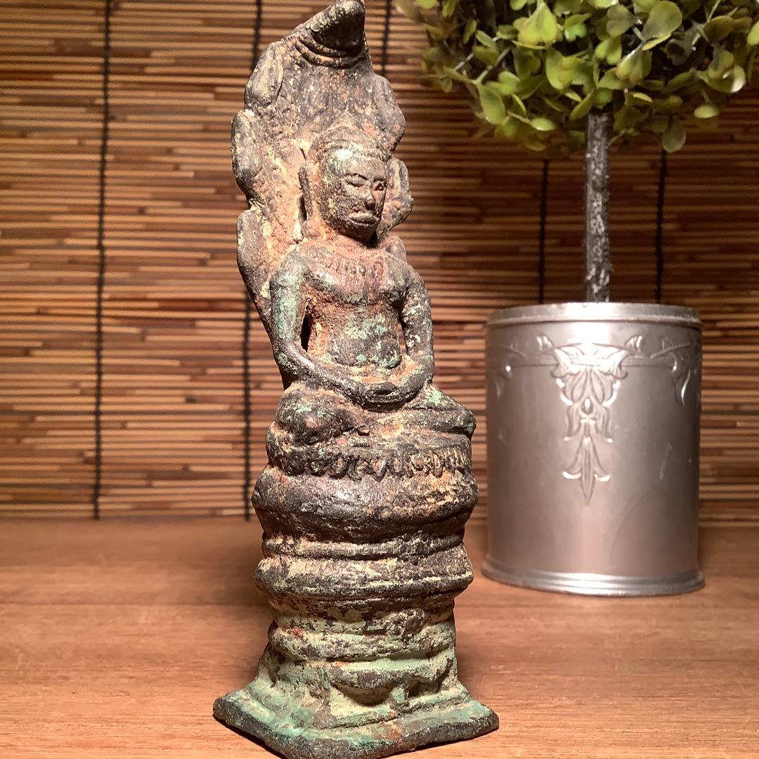 12世紀・スコータイ 「仏陀・蛇神ナーガ」多頭蛇・仏教守護神・￼青銅