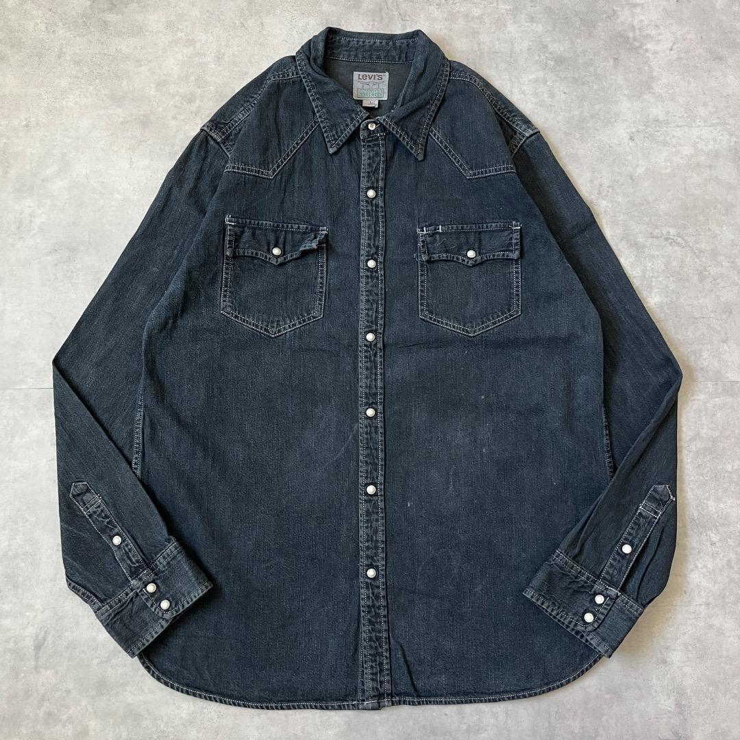 Levis リーバイス デニムシャツ 古着 無地 Wポケット L 黒 17249
