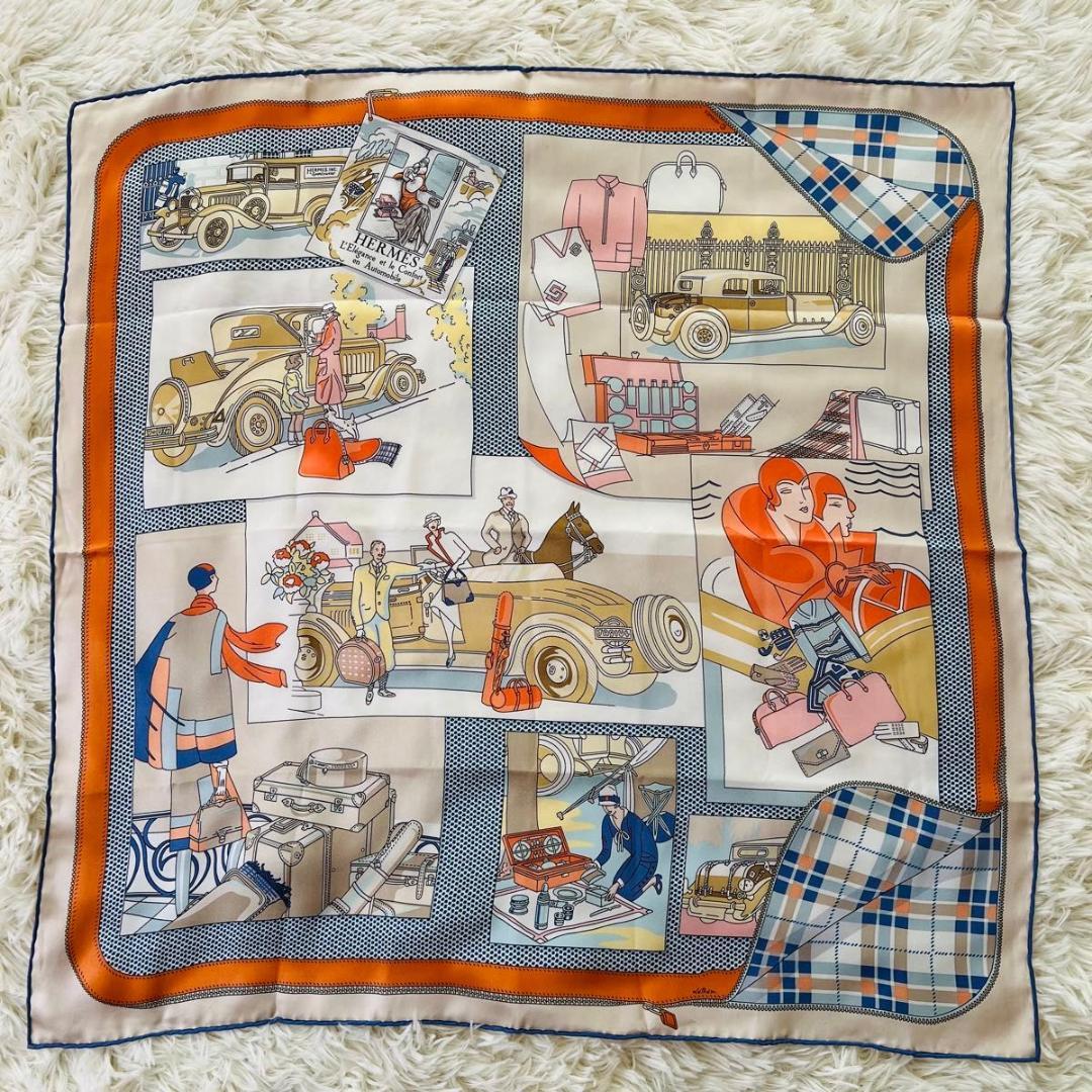 HERMES エルメス 自動車の快適　カレ65　スカーフ オレンジ系 シルク