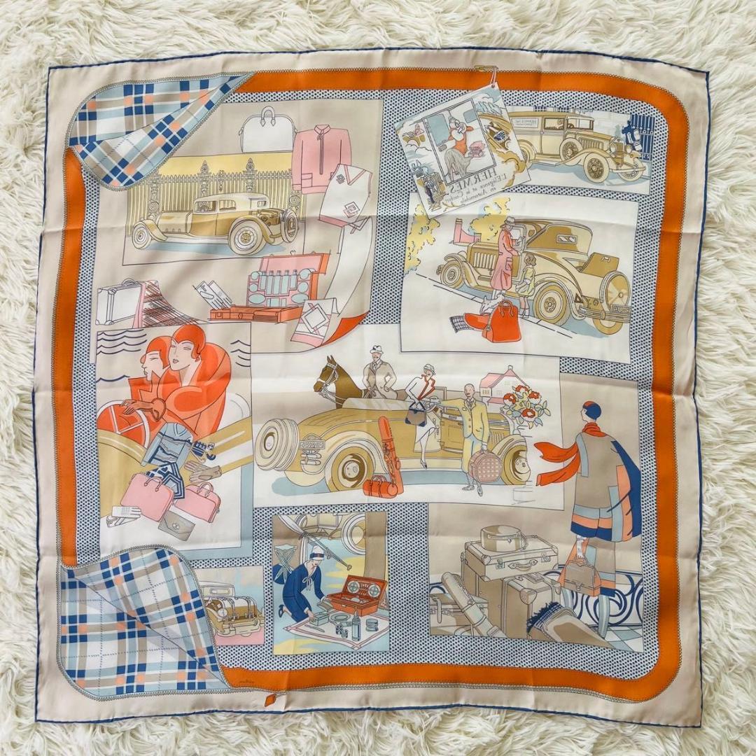 HERMES エルメス 自動車の快適　カレ65　スカーフ オレンジ系 シルク