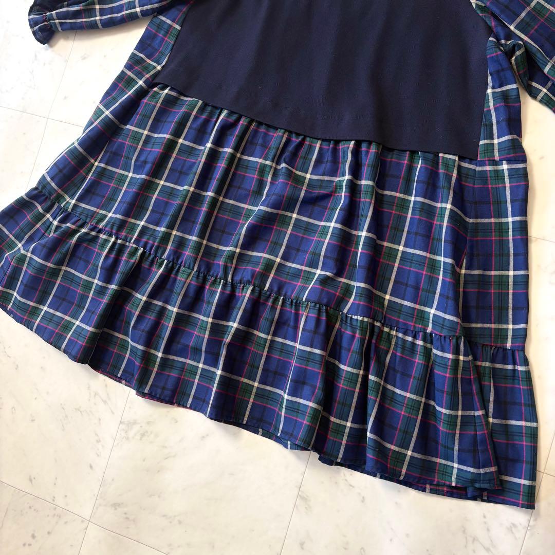 美品 ローズティアラ 大きいサイズ46 洗える チェック ティアードワンピース
