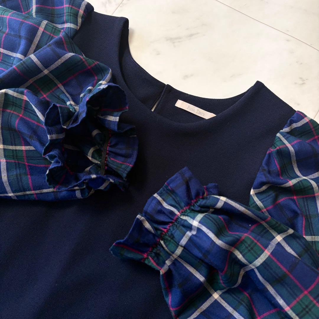 美品 ローズティアラ 大きいサイズ46 洗える チェック ティアードワンピース